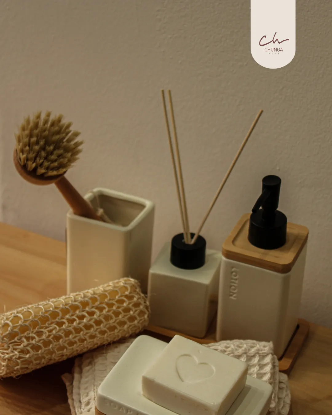 Set de Accesorios para Baño Bambú y Cerámica