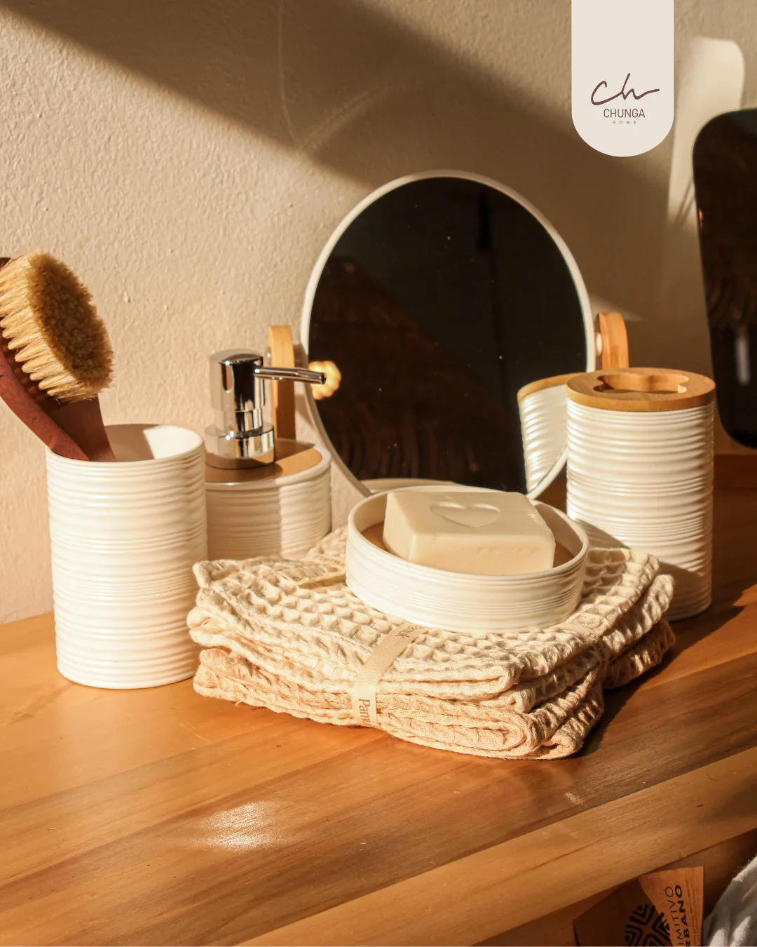 Set de Accesorios de Baño de Cerámica y Bambú