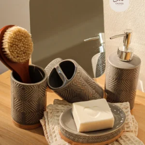 Set de Accesorios de Baño de Cerámica Texturizada y Bambú