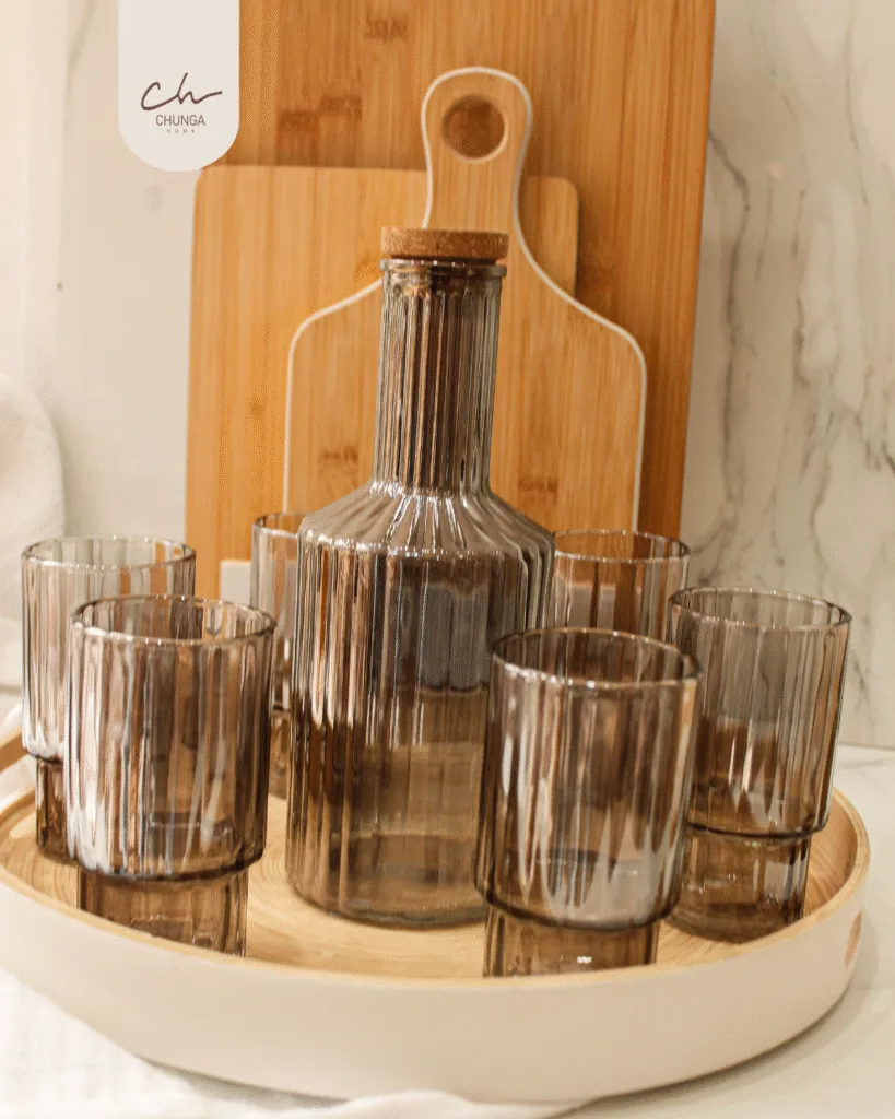 Set de Botella y Vasos x6 de Vidrio Ahumado