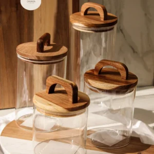 Set de Frascos de Vidrio con Tapa de Madera x4