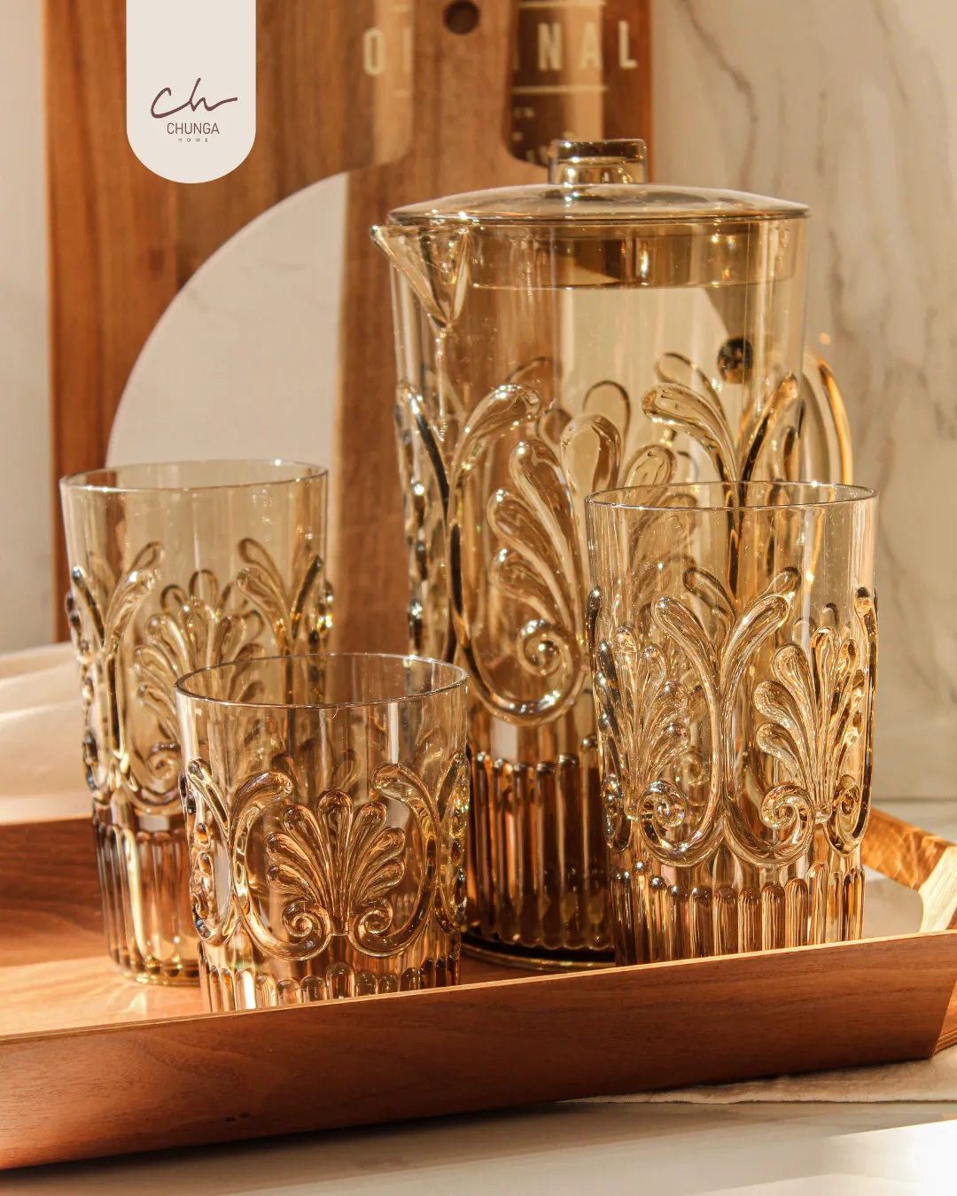 Set de Jarra y Vasos de Diseño Labrado Ámbar - Image 2