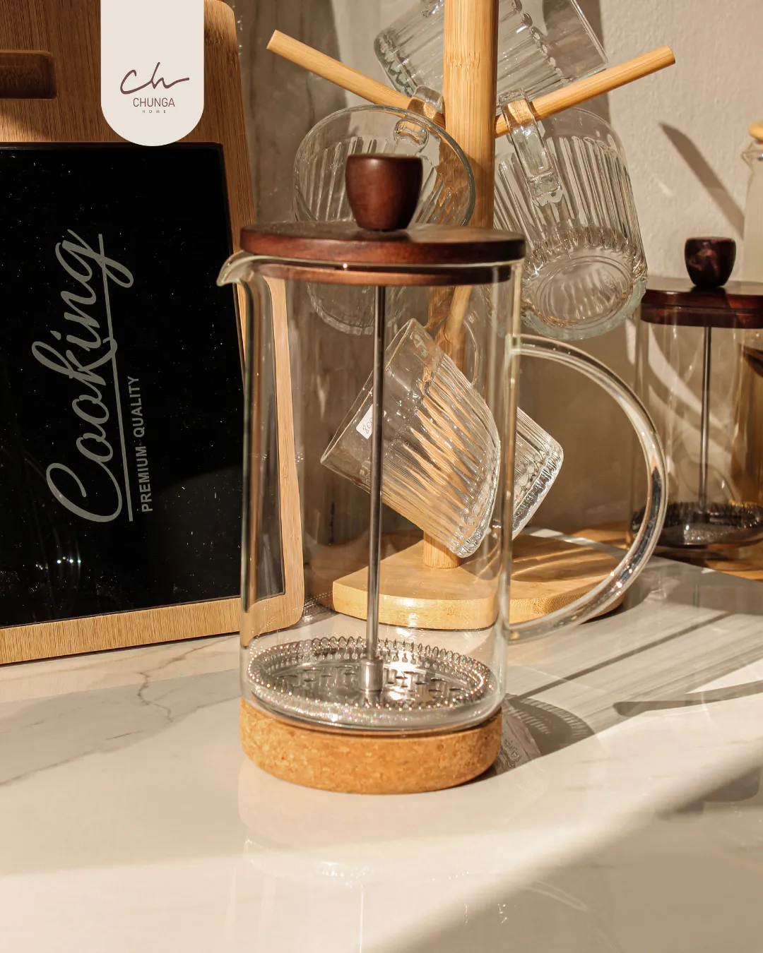 Cafetera Francesa de Vidrio con Tapa de Madera y Base de Corcho