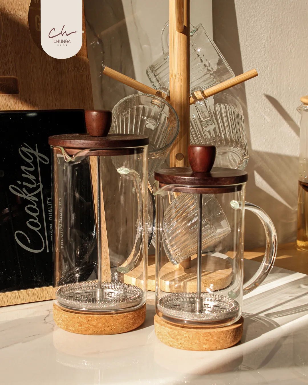 Cafetera Francesa de Vidrio con Tapa de Madera y Base de Corcho - Image 2