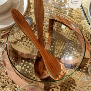 Ensaladera de Vidrio con Posa Fuente de Madera