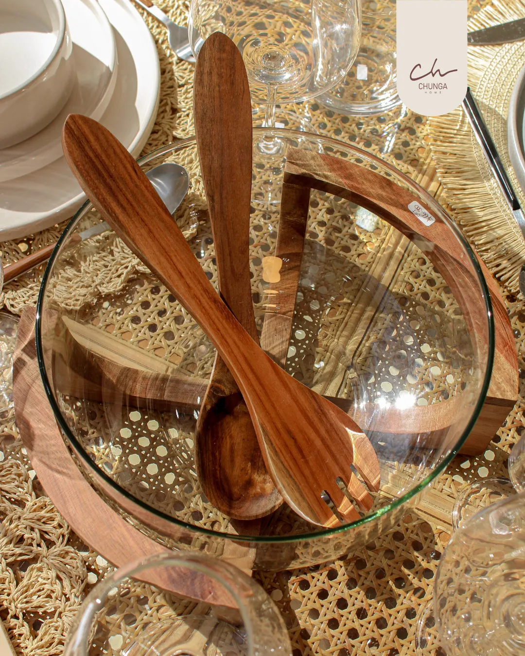 Ensaladera de Vidrio con Posa Fuente de Madera