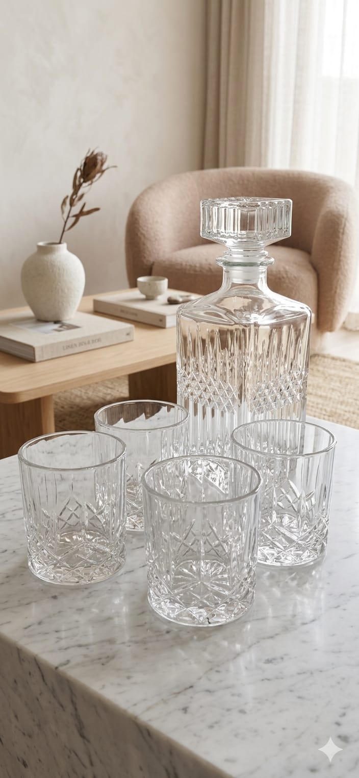 Set Decantador de Whisky o Licor: Botella y Vasos x4 de Vidrio Labrado - Image 2