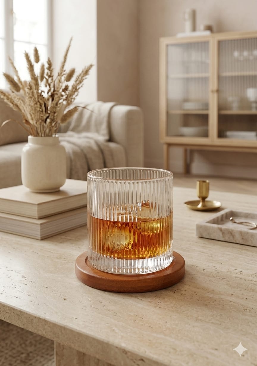 Vaso de Diseño Texturizado con Base de Madera Natural