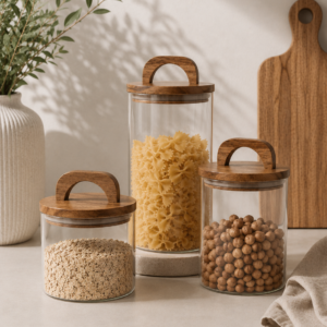 Frasco de Vidrio Con Tapa de Madera 22x9,5cm