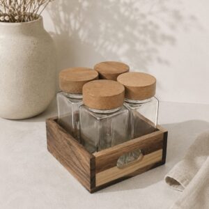 Set x4 Especieros De Vidrio C/ Madera Acacia