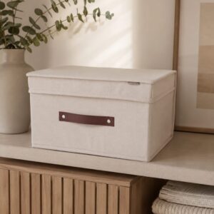 Caja Plegable Forrada En Tela Manija Cuero C/Tapa 35x30x20cm 