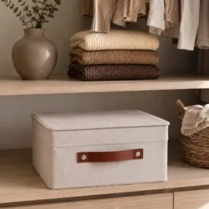 Caja Plegable Forrada En Tela Manija Cuero C/Tapa 30x28x15cm