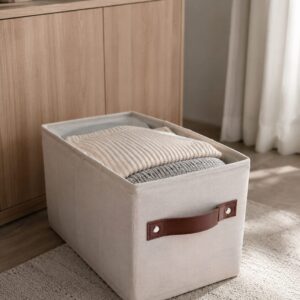 Caja Plegable Forrada En Tela C/manija Cuero 18x36x18cm