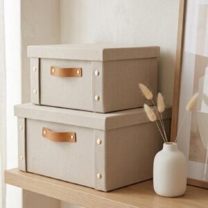 Caja Forrada En Lino Y Textura Madera C/manija Cuero 26.5x31.5x14.5cm