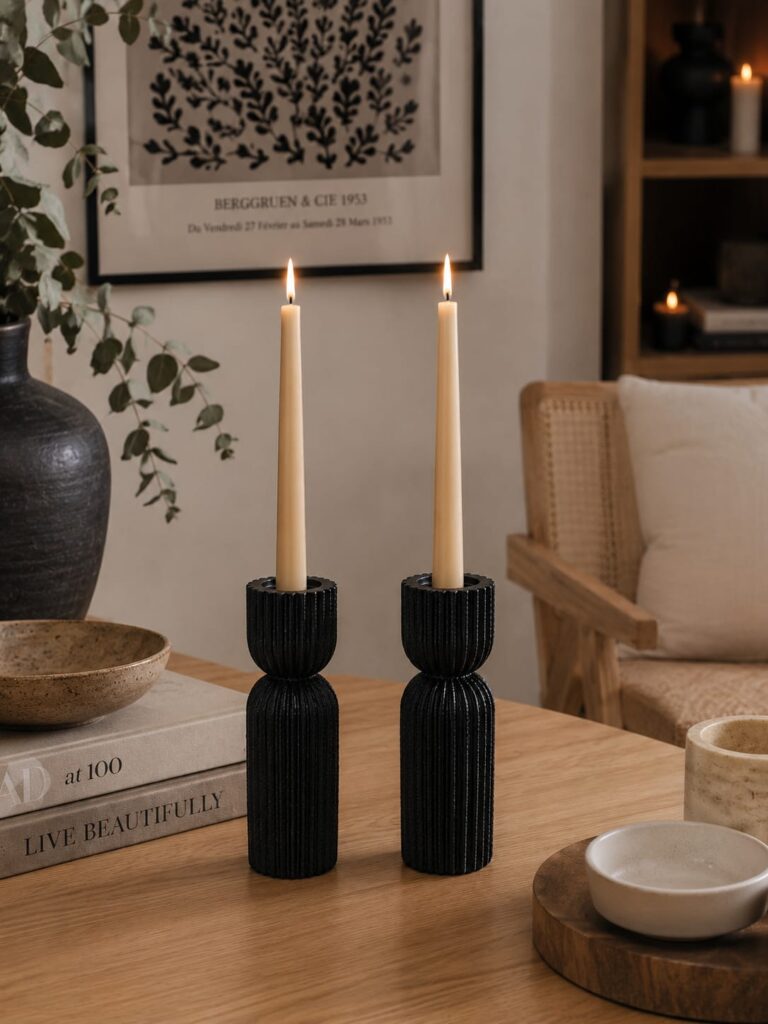 Candelabro Negro Acanalado 22×6,5cm