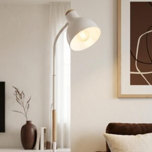 Lampara De Pie Hierro Blanca C/ Pantalla Colgante Y Detalles En madera