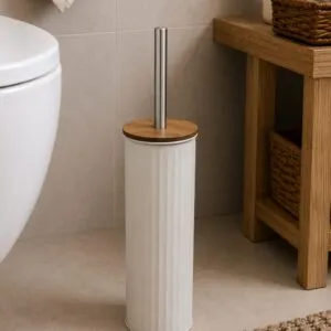 Cepillo De Baño Metálico Con Acabado natural y Tapa De Bambú