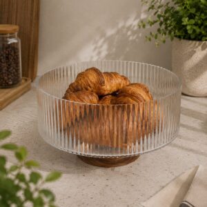 Bowl De Vidrio Rayado Con Base De Madera