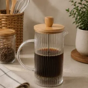Cafetera Vidrio Acanalada 600ml C/ Tapa Bambú