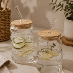 Vaso De Vidrio Diseño Nube Grande Con Sorbete y Tapa De Bamboo 500ml