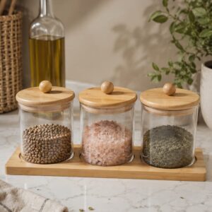 Set x3 Frascos Acrílico Con Tapa y Base De Bambú 28,5x9,5x10cm