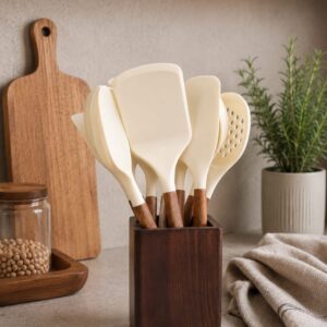 Utensilios de Cocina De Silicona Y soporte De Madera Set x10