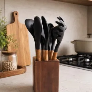 Utensilios de Cocina De Silicona Y soporte De Madera Set x10