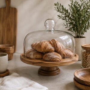Bandeja De Madera Acacia Redonda Con Tapa De Vidrio Base Alta (L)