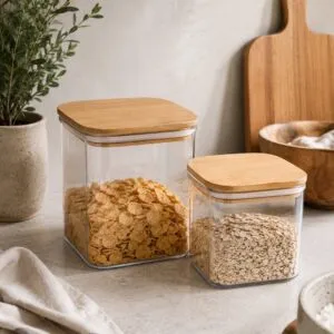 Set Frascos Acrílico Cuadrados Con Tapa De Bambú