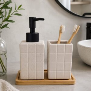 Set De Baño De Cerámica Con Base De Bambú