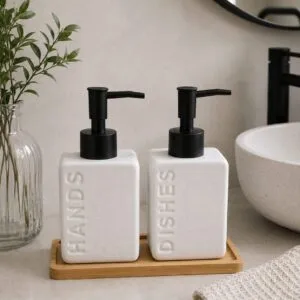 Dispenser De Cerámica White Con Base Bambú X2