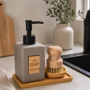 Dispenser De Cerámica Con Base Bambú Y Cepillo