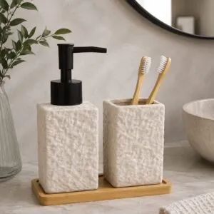 Set De Baño De Cerámica Con Base De Bambú