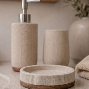 Jabonera Con Acabado Arena Y Base De Madera