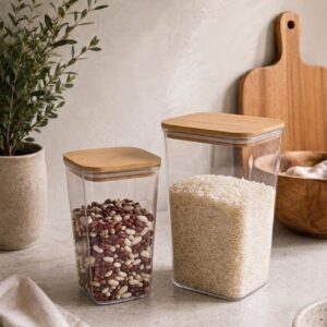 Set De Frascos De Acrílico Rectangular Con Tapa Bambú