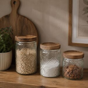 Frasco Redondo Vidrio Tapa Acacia 1000ml