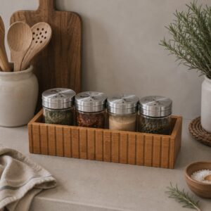 Set De X4 Especieros De Vidrio Con Base De Madera 22x7cm