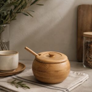Recipiente De Bambú Redondo Con Tapa Y Cuchara 10x10x6.5cm
