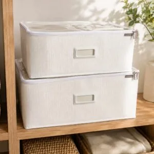 Caja Plegable Forrada En Tela Con Manija De Plástico Y Tapa Transparente 45x35x20cm