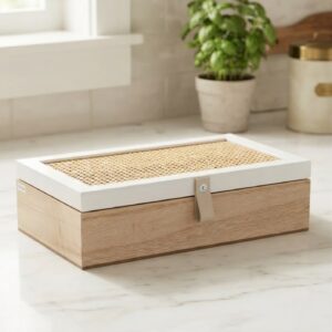 Caja De Té En Madera/Tapa Blanca Entelada 6 Espacios