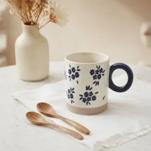 Taza Flores Azules Y Base Vizón