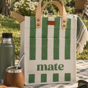 Matera Natural Líneas Verdes Letras Mate C/ Manija Cuero
