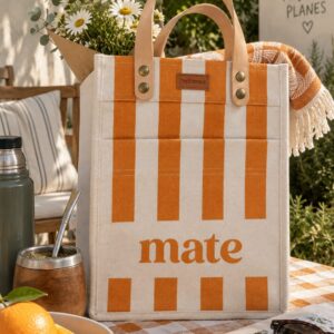 Matera Natural Líneas Naranja Letras Mate C/ Manija Cuero